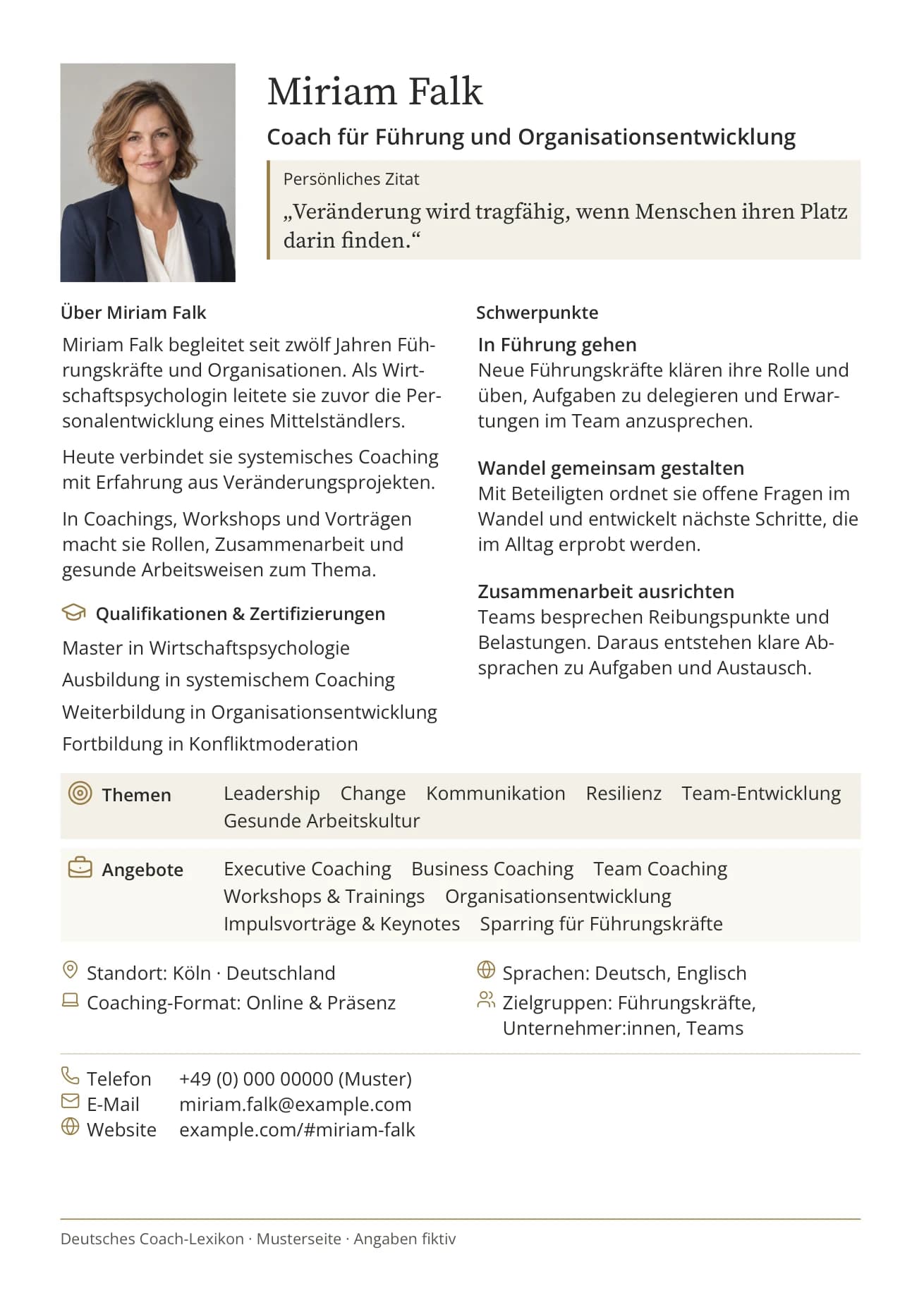 Musterseite mit dem fiktiven Profil Miriam Falk als Anlage eines Angebots